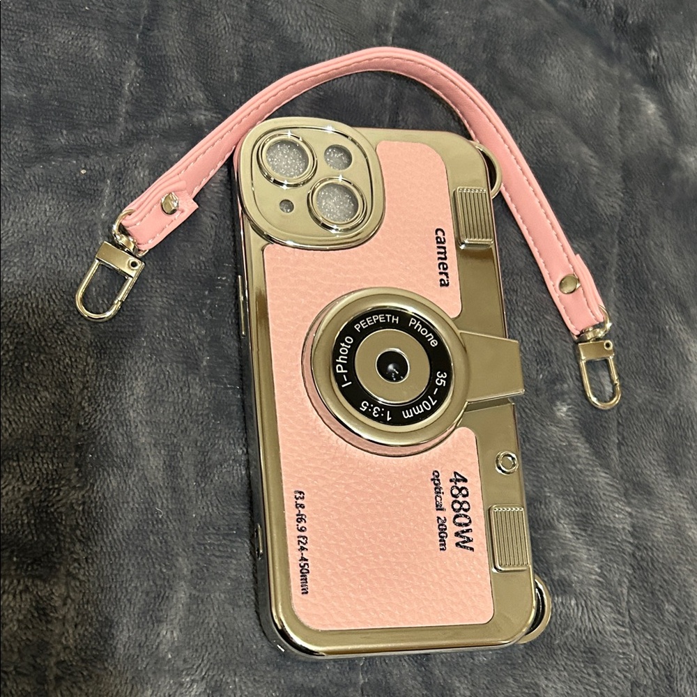 iPhone 15 Pink Retro Camera Phone Case with Wrist Strap